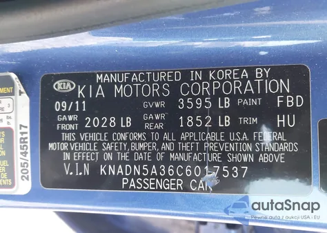 2012 Kia Rio5 Sx z USA, uszkodzony, nr VIN KNADN5A36C6017537